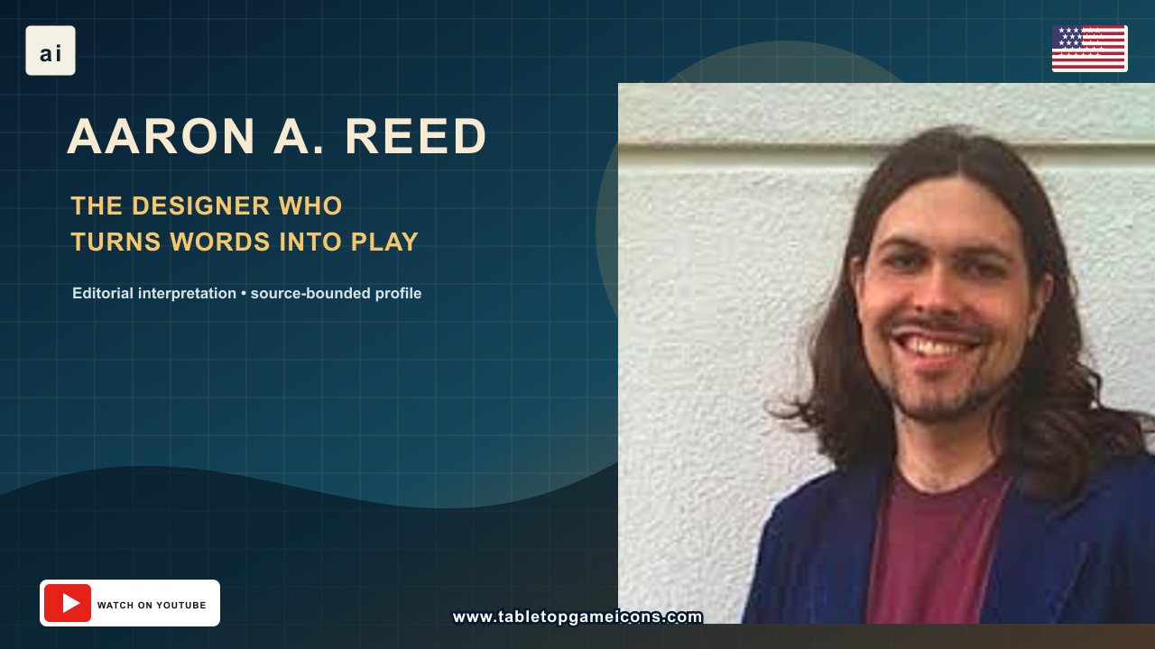 Portrait of Aaron A. Reed beside an editorial tabletop design-grid background, with the text “Aaron A. Reed — The Designer Who Turns Words Into Play,” a U.S. flag indicating current country of residence, an ai mark, Watch on YouTube badge, and tabletopgameicons.com footer.