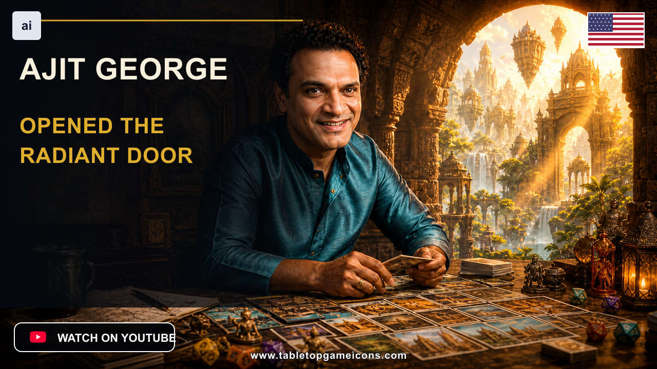Editorial portrait of Ajit George at a fantasy tabletop before a radiant citadel, with the headline “Opened the Radiant Door,” an AI-assisted mark, a United States country-of-birth flag, Watch on YouTube badge, and Tabletop Game Icons footer.