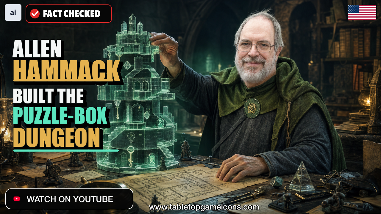 Illustrated portrait of Allen Hammack at a dungeon-design table beside a glowing puzzle-box tower, with the headline “Allen Hammack Built the Puzzle-Box Dungeon.”