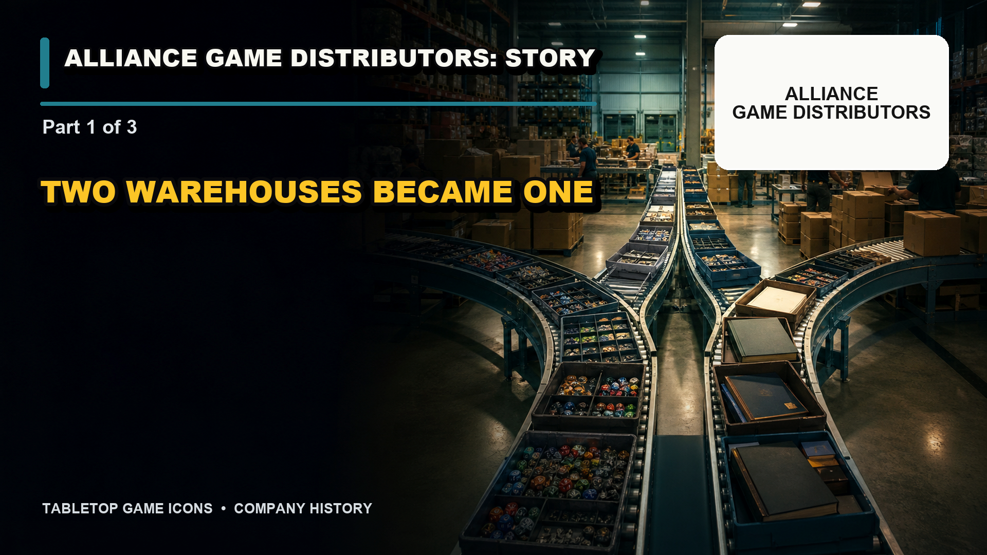 Alliance Game Distributors history graphic, Part 1 of 3, showing game components and books moving along branching warehouse conveyors with a text-only company-name card and the title “Two Warehouses Became One.”