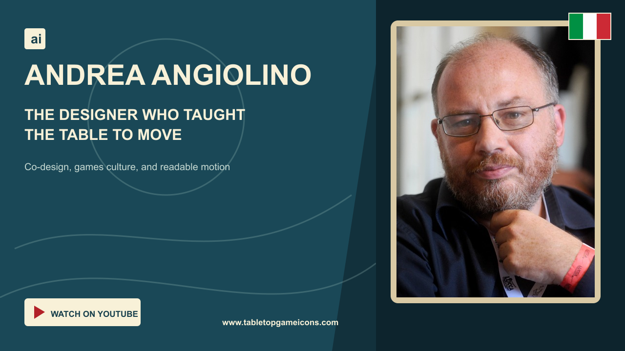 Stage 7 hero for Andrea Angiolino, showing his portrait beside the title The Designer Who Taught the Table to Move, with an Italian country-of-birth flag, AI disclosure, Watch on YouTube badge, and Tabletop Game Icons website address.